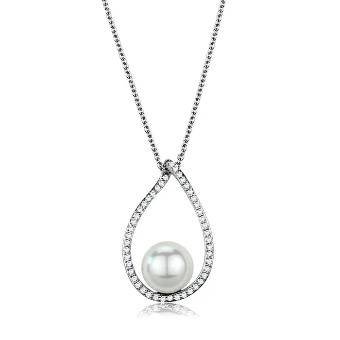Alamode Necklaces 3W1036 Rhodium Brass Chain Pendant with Synthetic Pearl in White Alamode Necklaces 3W1036 Rhodium Brass Chain Pendant with Synthetic Pearl in White