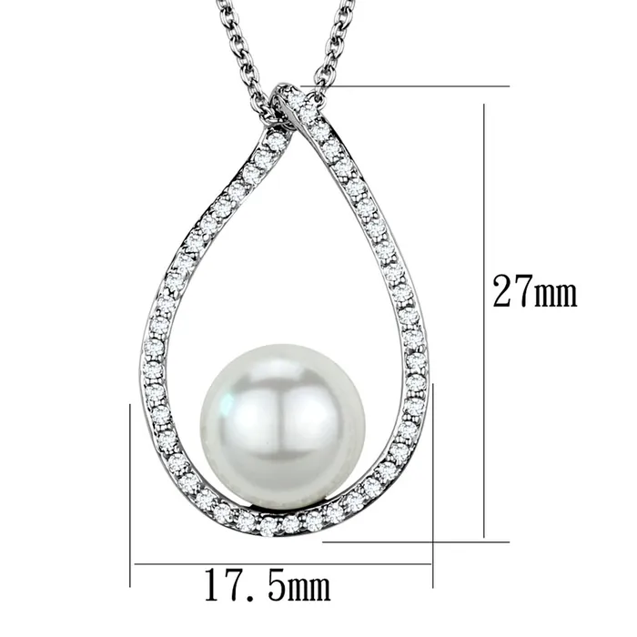 Alamode Necklaces 3W1036 Rhodium Brass Chain Pendant with Synthetic Pearl in White