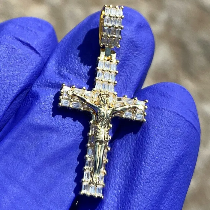 Bling Cartel Admin Jesus Crucifix Gold Plated over 925 Silver Iced Baguettes Small Pendant 125 Necklaces