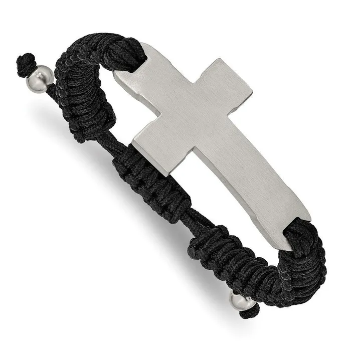 Bracelets Chisel Stainless Steel Brushed and Polished Black Nylon Adjustable Cross Bracelet Bracelets Chisel Stainless Steel Brushed and Polished Black Nylon Adjustable Cross Bracelet