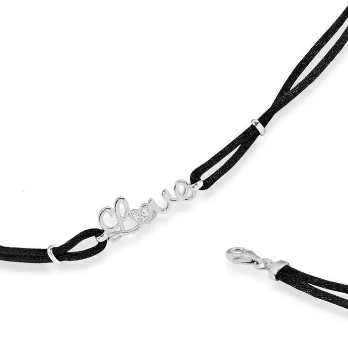 Bracelets Classic Sterling Silver DoubleStrand Black Cord CZ Love Bracelet 7