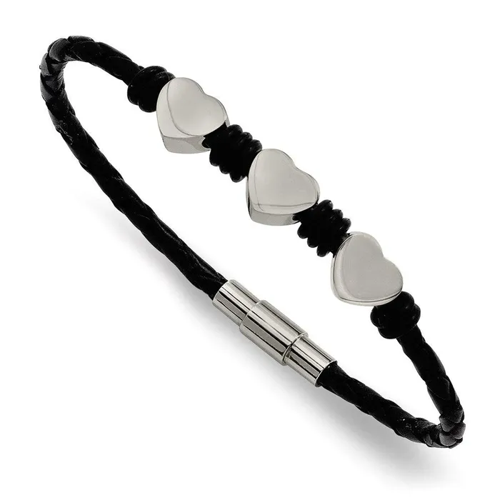 Chisel Stainless Steel Black Leather wPolished Hearts 75in Bracelet Bracelets Chisel Stainless Steel Black Leather wPolished Hearts 75in Bracelet Bracelets