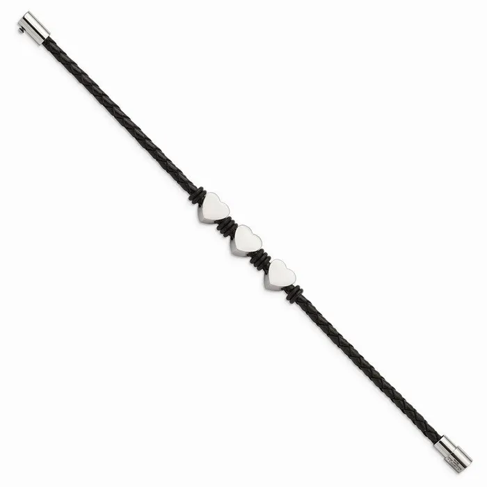 Chisel Stainless Steel Black Leather wPolished Hearts 75in Bracelet Bracelets Chisel Stainless Steel Black Leather wPolished Hearts 75in Bracelet Bracelets