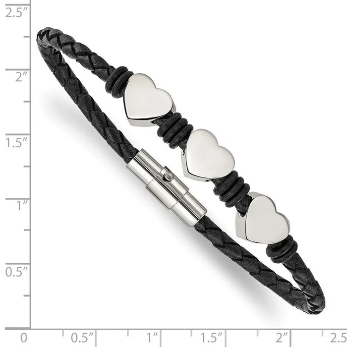 Chisel Stainless Steel Black Leather wPolished Hearts 75in Bracelet Bracelets Chisel Stainless Steel Black Leather wPolished Hearts 75in Bracelet Bracelets