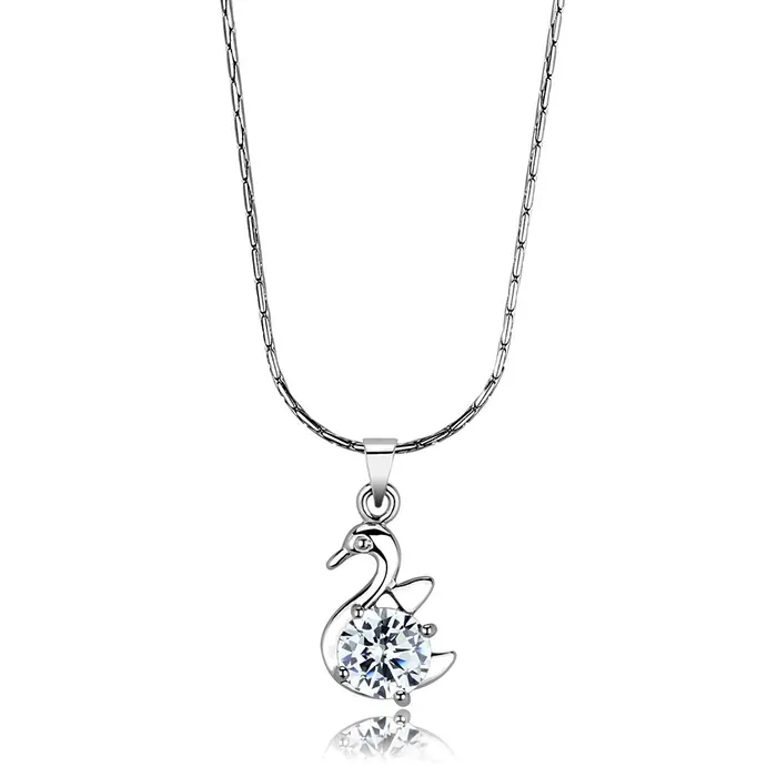 LO4149 Rhodium Brass Chain Pendant with AAA Grade CZ in Clear Alamode Necklaces LO4149 Rhodium Brass Chain Pendant with AAA Grade CZ in Clear Alamode Necklaces