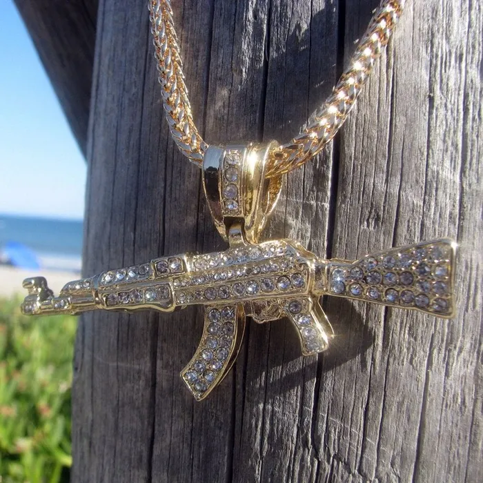 Necklaces 14K Gold Plated AK47 Gun Rifle Pendant 36 Franco Chain Necklace Bling Cartel Admin Necklaces 14K Gold Plated AK47 Gun Rifle Pendant 36 Franco Chain Necklace Bling Cartel Admin