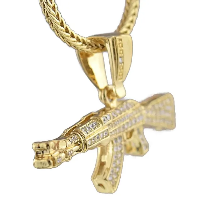 Necklaces 14K Gold Plated AK47 Gun Rifle Pendant 36 Franco Chain Necklace Bling Cartel Admin