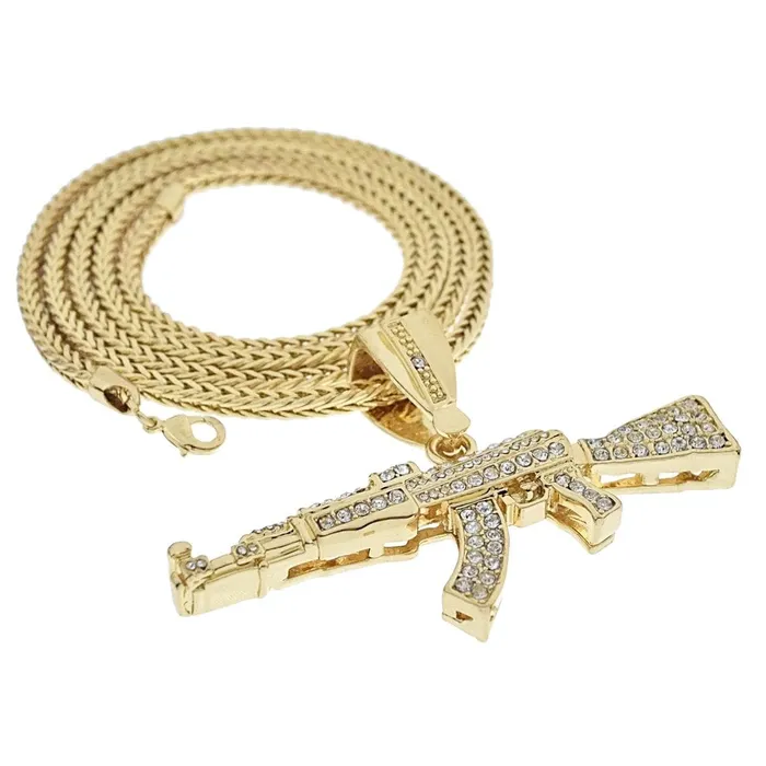 Necklaces 14K Gold Plated AK47 Gun Rifle Pendant 36 Franco Chain Necklace Bling Cartel Admin