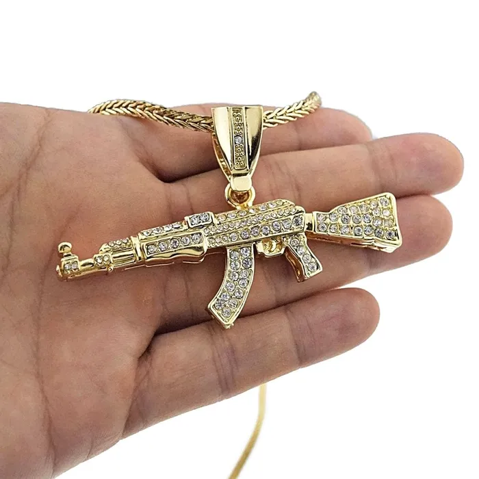 Necklaces 14K Gold Plated AK47 Gun Rifle Pendant 36 Franco Chain Necklace Bling Cartel Admin