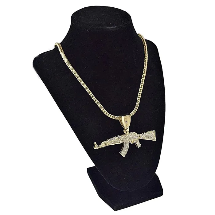 Necklaces 14K Gold Plated AK47 Gun Rifle Pendant 36 Franco Chain Necklace Bling Cartel Admin