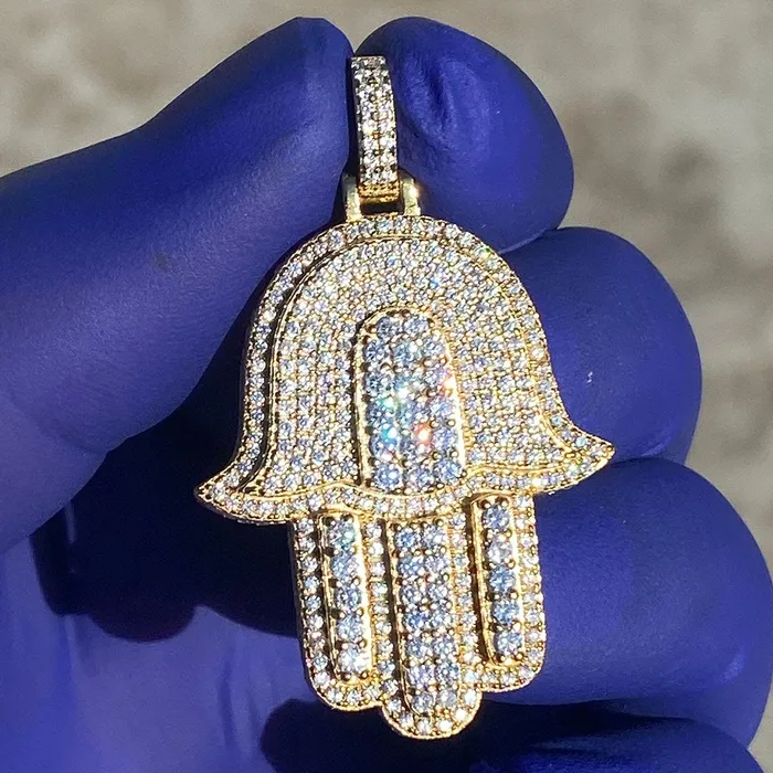 Necklaces Bling Cartel Admin 14K Gold Plated Over 925 Silver Hamsa Hand Iced CZ Pendant