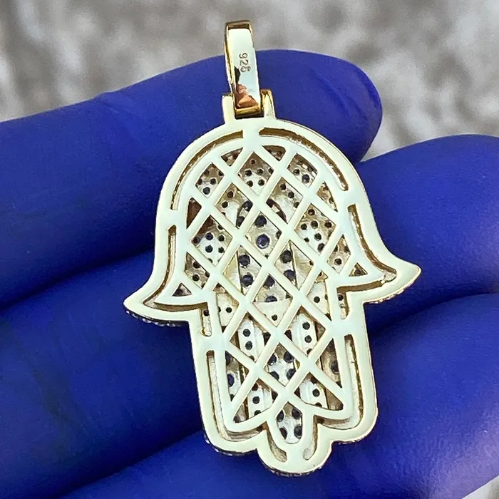 Necklaces Bling Cartel Admin 14K Gold Plated Over 925 Silver Hamsa Hand Iced CZ Pendant