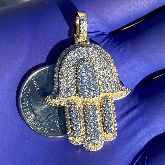 Necklaces Bling Cartel Admin 14K Gold Plated Over 925 Silver Hamsa Hand Iced CZ Pendant