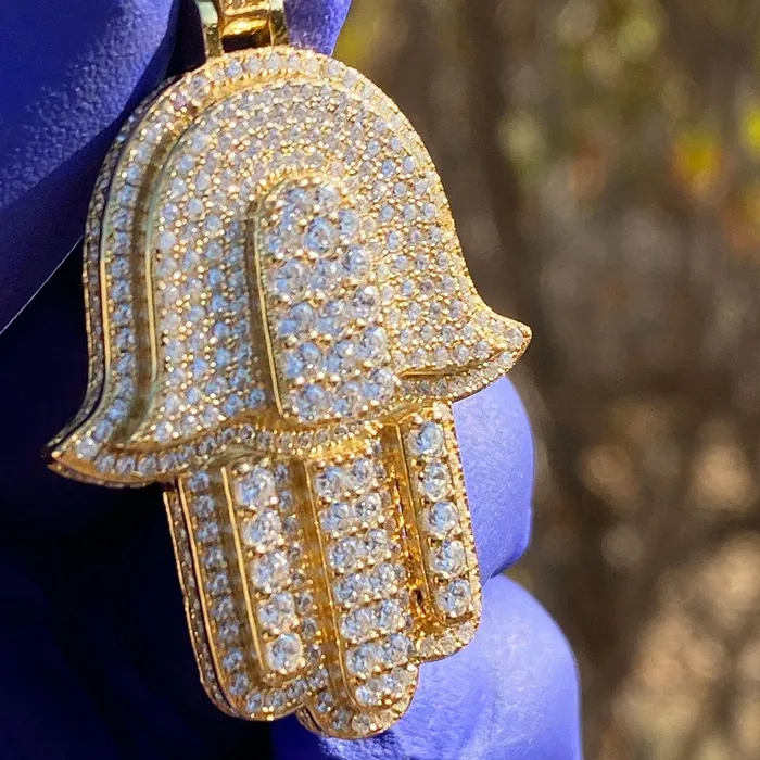 Necklaces Bling Cartel Admin 14K Gold Plated Over 925 Silver Hamsa Hand Iced CZ Pendant