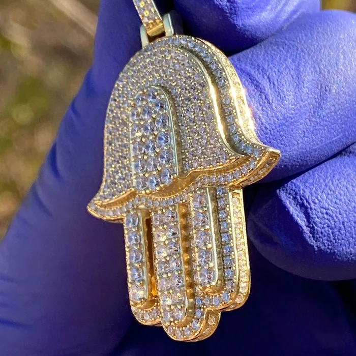 Necklaces Bling Cartel Admin 14K Gold Plated Over 925 Silver Hamsa Hand Iced CZ Pendant