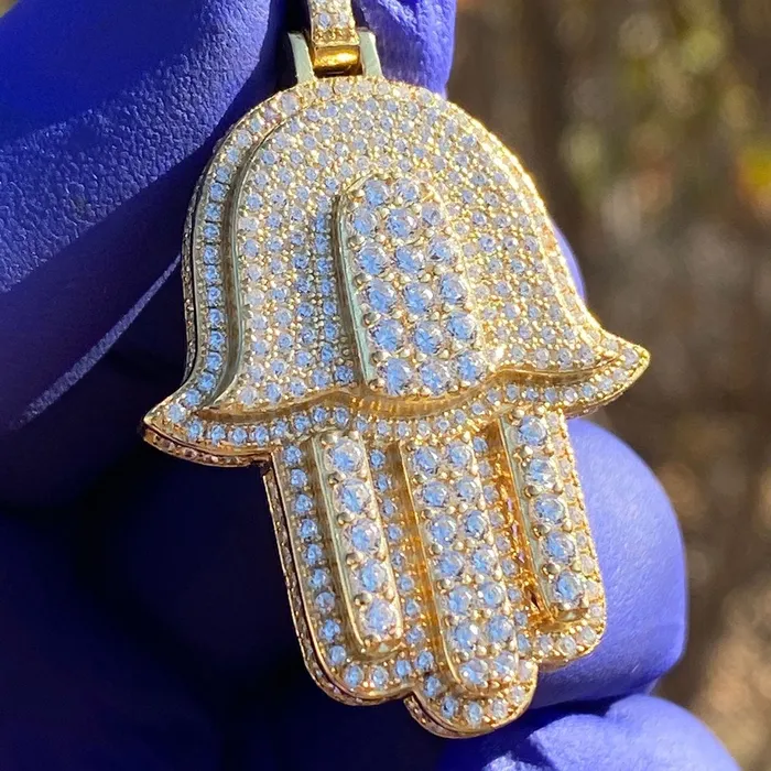 Necklaces Bling Cartel Admin 14K Gold Plated Over 925 Silver Hamsa Hand Iced CZ Pendant
