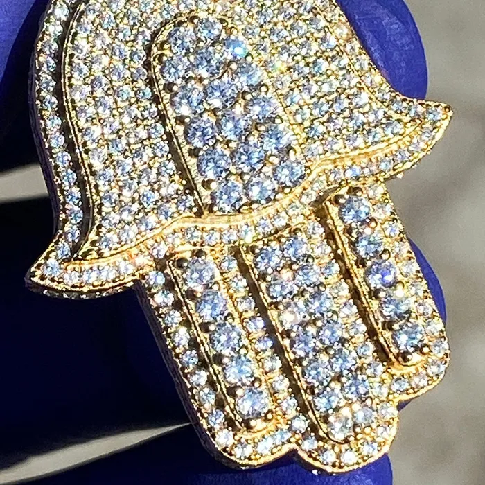 Necklaces Bling Cartel Admin 14K Gold Plated Over 925 Silver Hamsa Hand Iced CZ Pendant