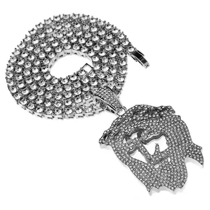 Necklaces Flat Jesus Head Pendant OneRow Silver Tone 24 Tennis Chain Necklace Bling Cartel Admin