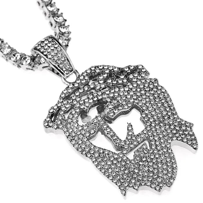 Necklaces Flat Jesus Head Pendant OneRow Silver Tone 24 Tennis Chain Necklace Bling Cartel Admin