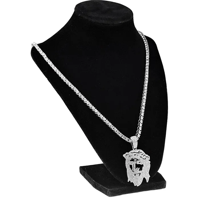 Necklaces Flat Jesus Head Pendant OneRow Silver Tone 24 Tennis Chain Necklace Bling Cartel Admin