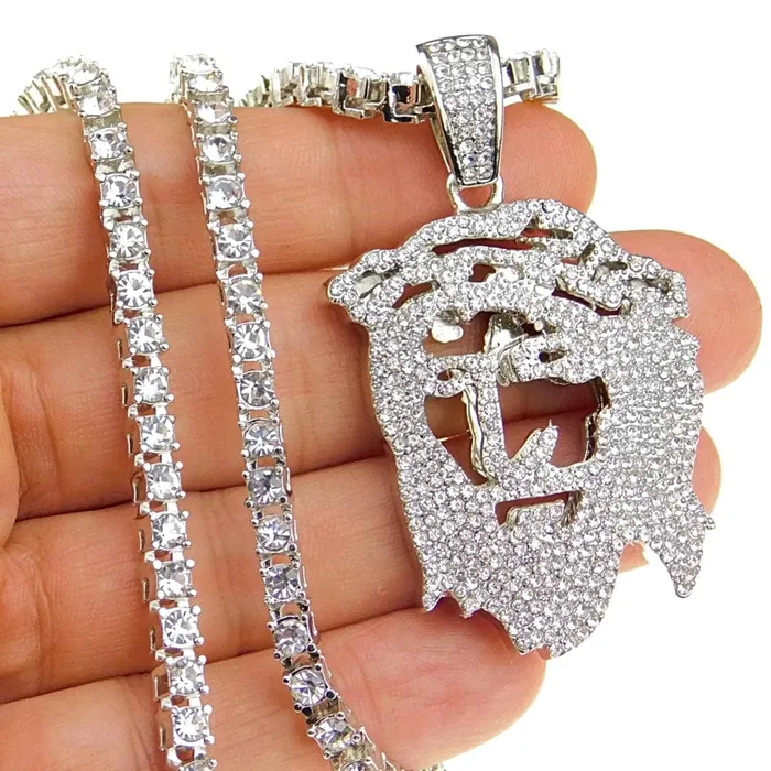 Necklaces Flat Jesus Head Pendant OneRow Silver Tone 24 Tennis Chain Necklace Bling Cartel Admin