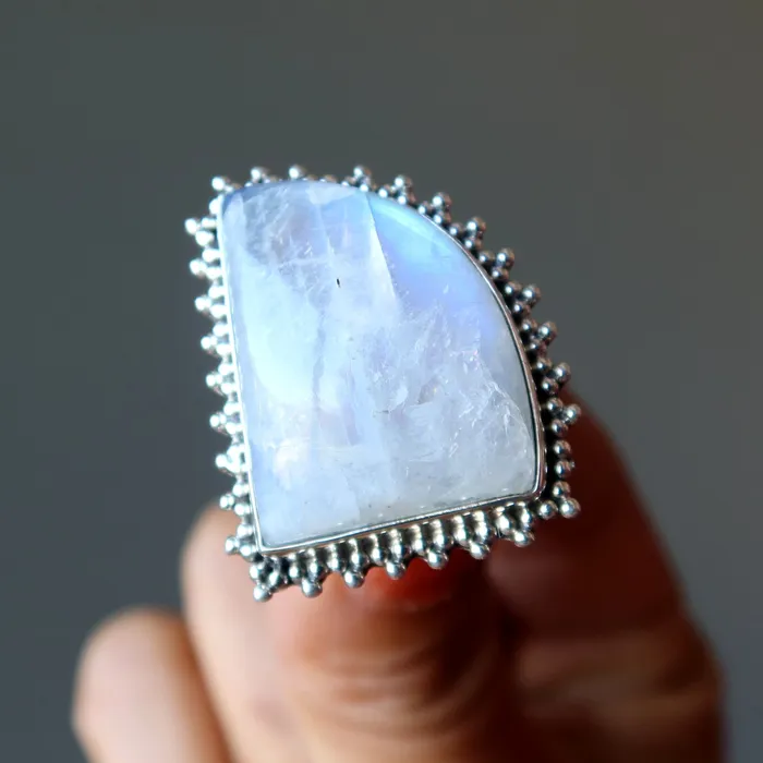 Satin Crystals Rings Rainbow Moonstone Ring White Sterling Silver Size 85