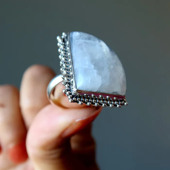 Satin Crystals Rings Rainbow Moonstone Ring White Sterling Silver Size 85