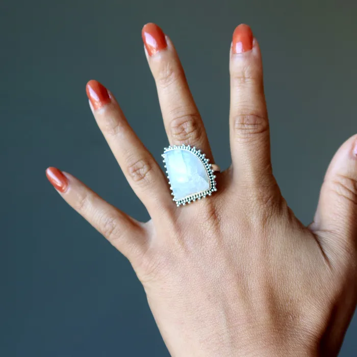 Satin Crystals Rings Rainbow Moonstone Ring White Sterling Silver Size 85