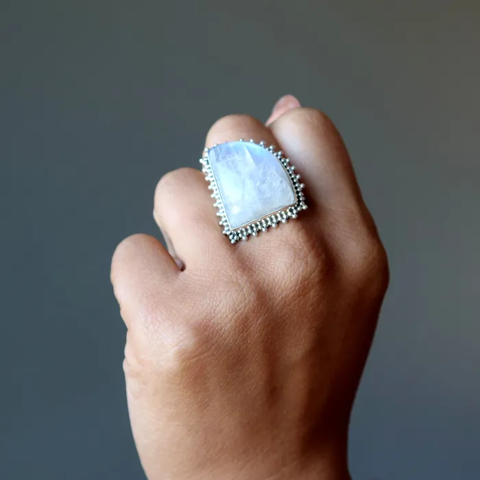 Satin Crystals Rings Rainbow Moonstone Ring White Sterling Silver Size 85
