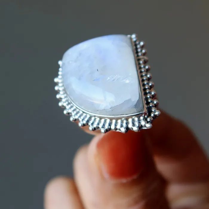 Satin Crystals Rings Rainbow Moonstone Ring White Sterling Silver Size 85