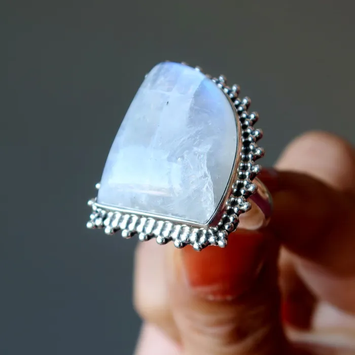 Satin Crystals Rings Rainbow Moonstone Ring White Sterling Silver Size 85