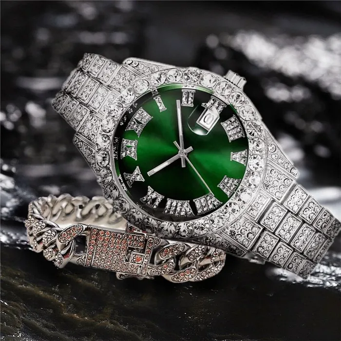 VVS Jewelry Bracelets Fully Iced Bling Watch Cuban Bracelet Bundle