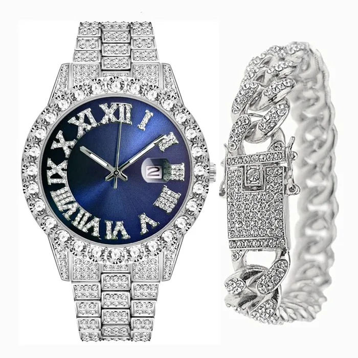 VVS Jewelry Bracelets Fully Iced Bling Watch Cuban Bracelet Bundle