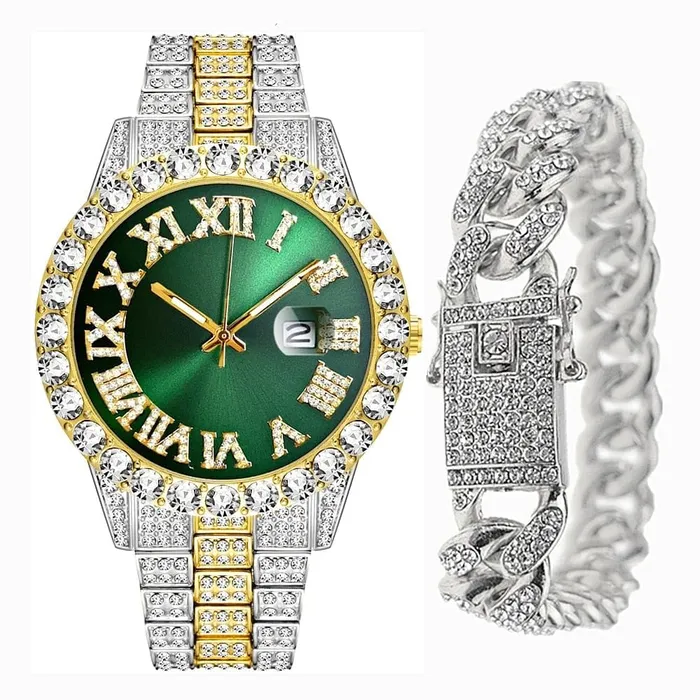 VVS Jewelry Bracelets Fully Iced Bling Watch Cuban Bracelet Bundle
