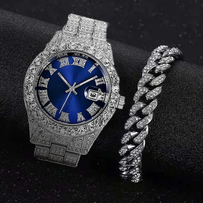 VVS Jewelry Bracelets Fully Iced Bling Watch Cuban Bracelet Bundle
