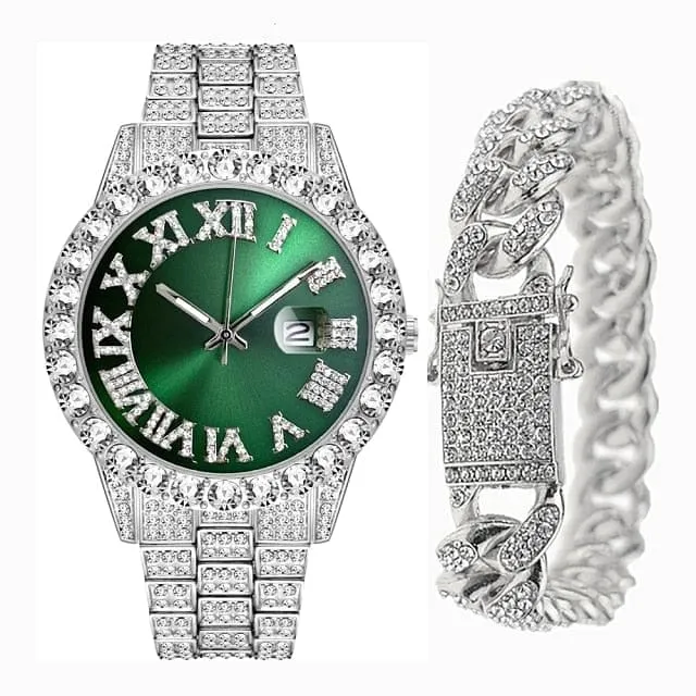 VVS Jewelry Bracelets Fully Iced Bling Watch Cuban Bracelet Bundle