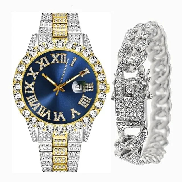 VVS Jewelry Bracelets Fully Iced Bling Watch Cuban Bracelet Bundle