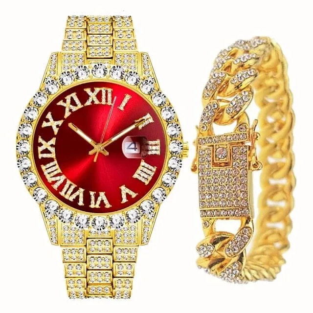 VVS Jewelry Bracelets Fully Iced Bling Watch Cuban Bracelet Bundle