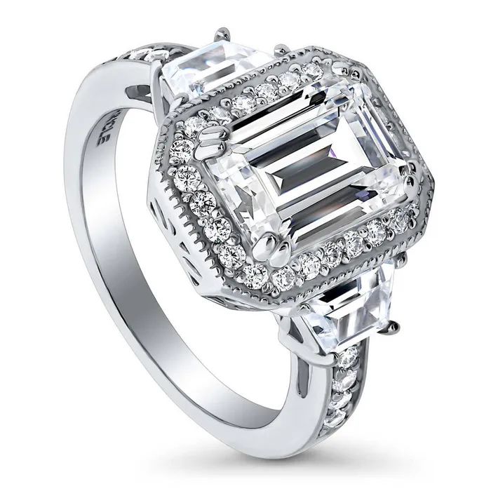 Rings BERRICLE Halo Emerald Cut CZ Ring in Sterling Silver