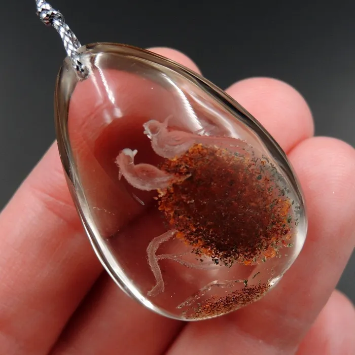 Carved Natural Lodolite Phantom Quartz Pendant Front Drilled Hand Carved Magpie Bird Rock Crystal Pendant One of a Kind Pendant P1810 Intrinsic Trading Necklaces