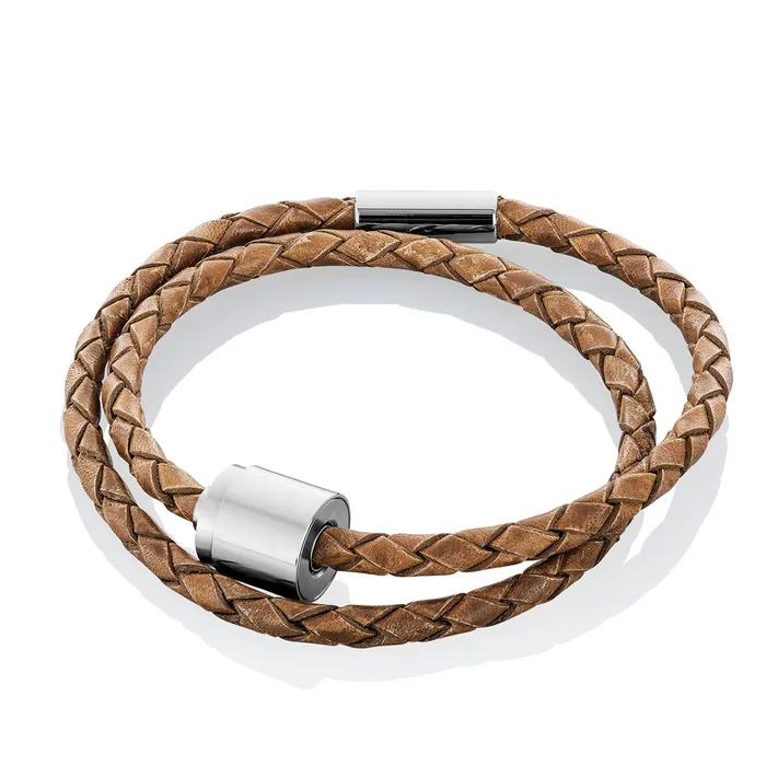 Cognac Silver TadBlu Braided Leather Mens Cremation Bead Bracelet Tadblu Bracelets