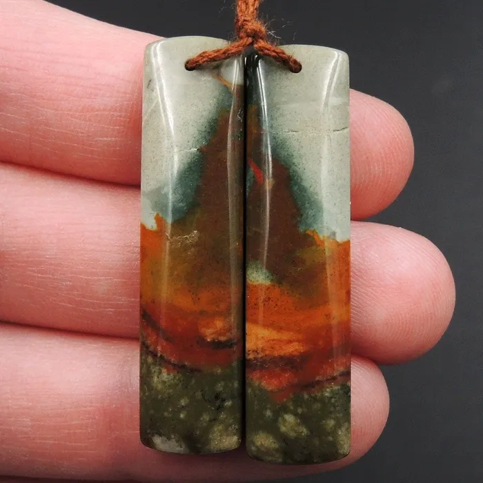 Drilled Natural Owyhee Picture Jasper Earring Pair Gemstone Drilled Cabochon Cab Pair Rectangle Matched Earring Bead Pair From Oregon E3373 Intrinsic Trading Earrings