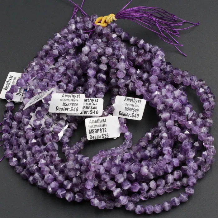 Intrinsic Trading Earrings Geometric Cut Star Cut Genuine 100 Natural Amethyst Faceted 6mm Rounded Nugget Beads Strand