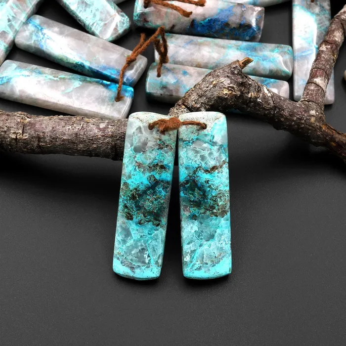 Intrinsic Trading Earrings Rare Natural Chrysocolla in Quartz Rectangle Earring Pair Matched Cabochon Gemstone Beads A4