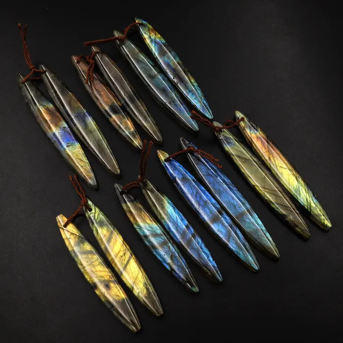 Natural Labradorite Earring Pair Long Marquise Dagger Matched Gemstone Beads Intrinsic Trading Earrings