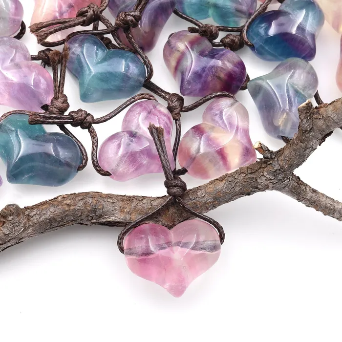 Necklaces Intrinsic Trading AAA Natural Rainbow Fluorite Puffy Heart Pendant Side Drilled Gemstone Crystal Focal Bead