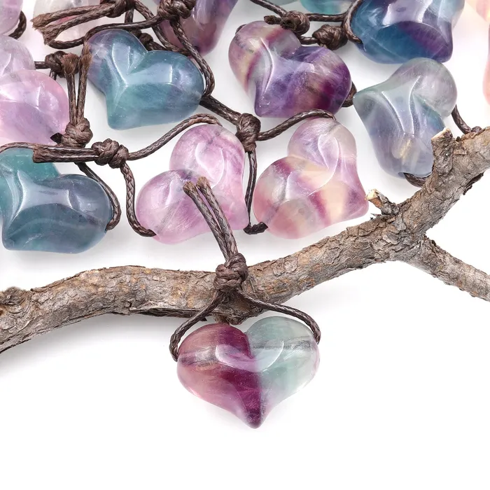 Necklaces Intrinsic Trading AAA Natural Rainbow Fluorite Puffy Heart Pendant Side Drilled Gemstone Crystal Focal Bead