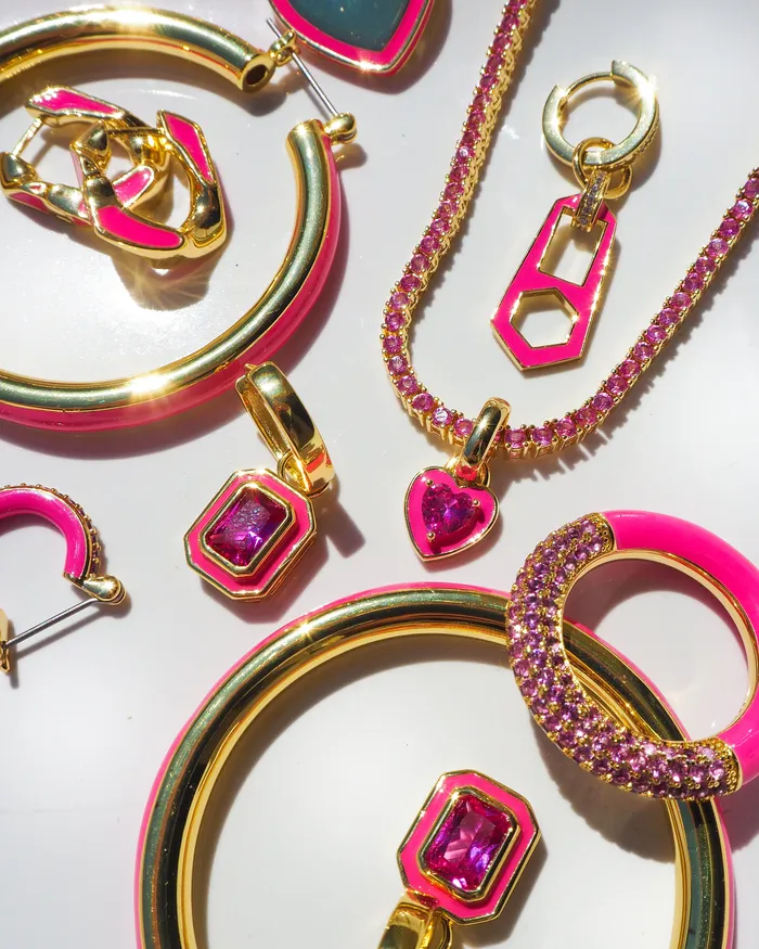Necklaces Luv Aj Mini Ballier Necklace with Heart Charm Hot Pink Gold