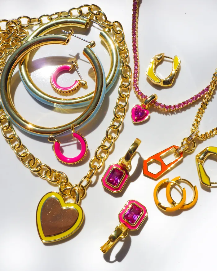 Necklaces Luv Aj Mini Ballier Necklace with Heart Charm Hot Pink Gold